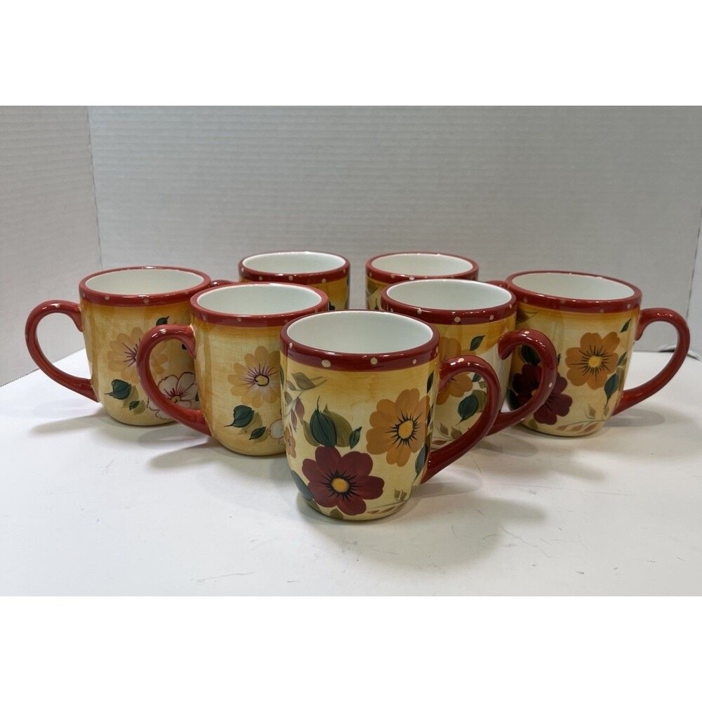 Oneida Sunset Bouquet Mug Set Of 7 Red Rim Handle Discontinued Floral Ceramic